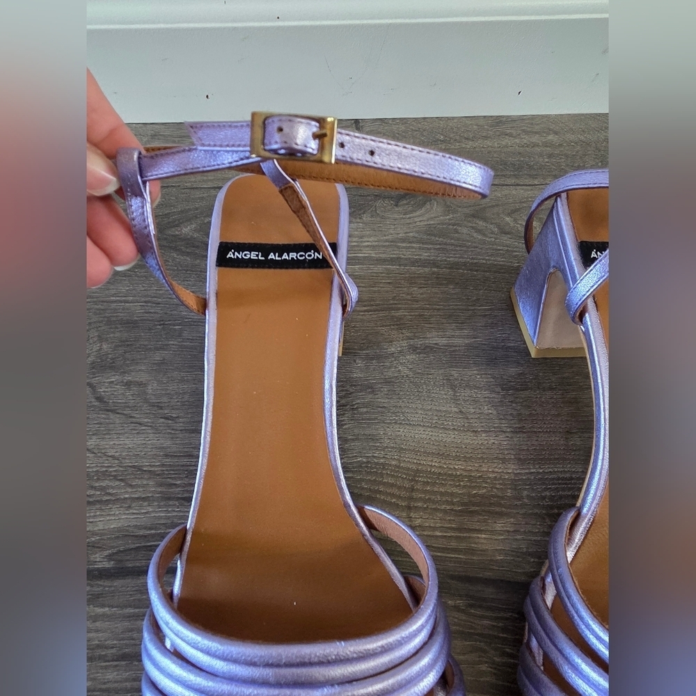 Metallic Lavender Strappy Block Heel Sandals - Picture 3 of 16
